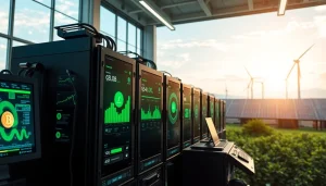 Visual representation of dogecoin cloud mining earnings with digital interface and renewable energy setup.