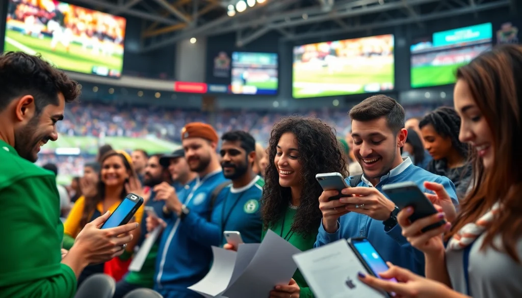 Engaged fans enjoying online sports betting Texas apps during an exciting sports event.