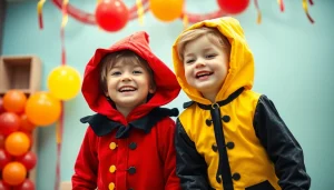 Kinderen in vrolijk pietenpak poseren met feestelijke decoraties.