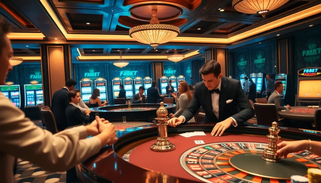 Experience excitement at F8BET's vibrant casino scene with thrilling players at roulette and blackjack tables.