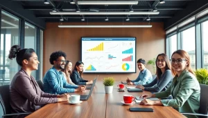 Professionals participating in free business courses in a modern office setting with digital learning materials.