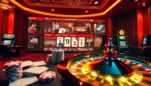 The scene captures the excitement of gambling with a focus on ink vao 12bet, showcasing vibrant games, roulette, and poker chips.