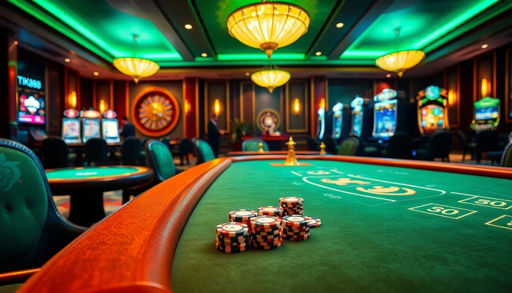 Players enjoying exciting games at TK88 casino with vibrant tables and slot machines.