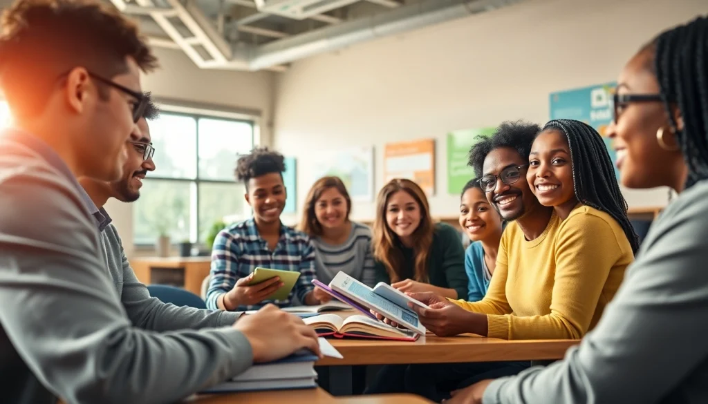 Education classroom scene with engaged diverse students and teacher fostering equity and innovation.