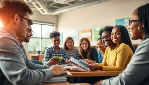Education classroom scene with engaged diverse students and teacher fostering equity and innovation.