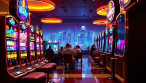 Menggambarkan pengalaman slot depo 1000 di kasino modern dengan mesin slot yang berwarna-warni.