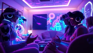 Vibrant scene showing users engaging with NSFW character AI in a futuristic virtual environment.