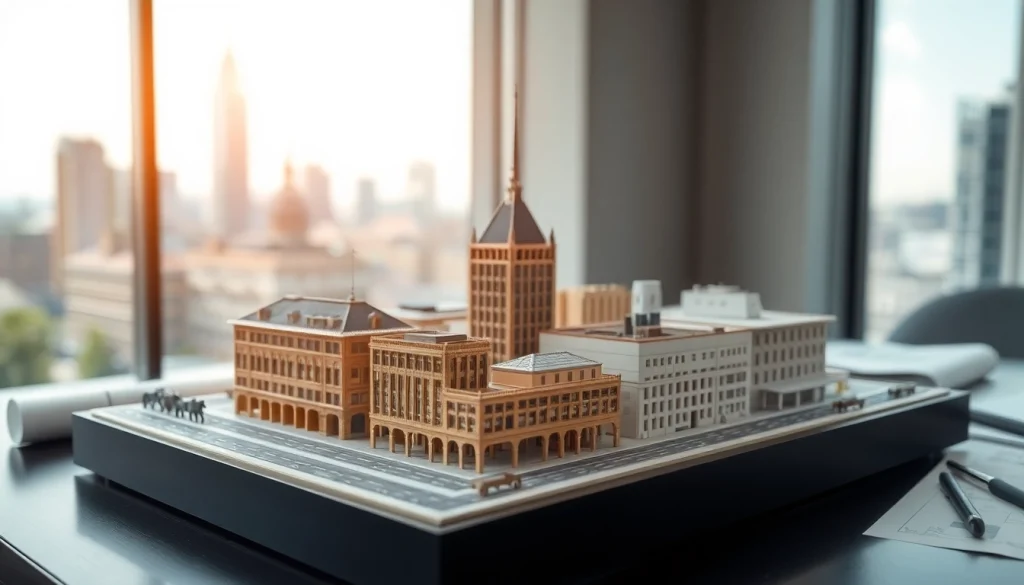Architekturmodellbau Magdeburg: Detailreiche Modelle von Gebäuden mit urbanem Hintergrund.