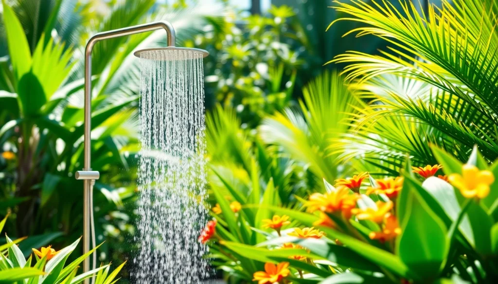Experience sunny shower USA with a modern outdoor shower in a vibrant garden setting.