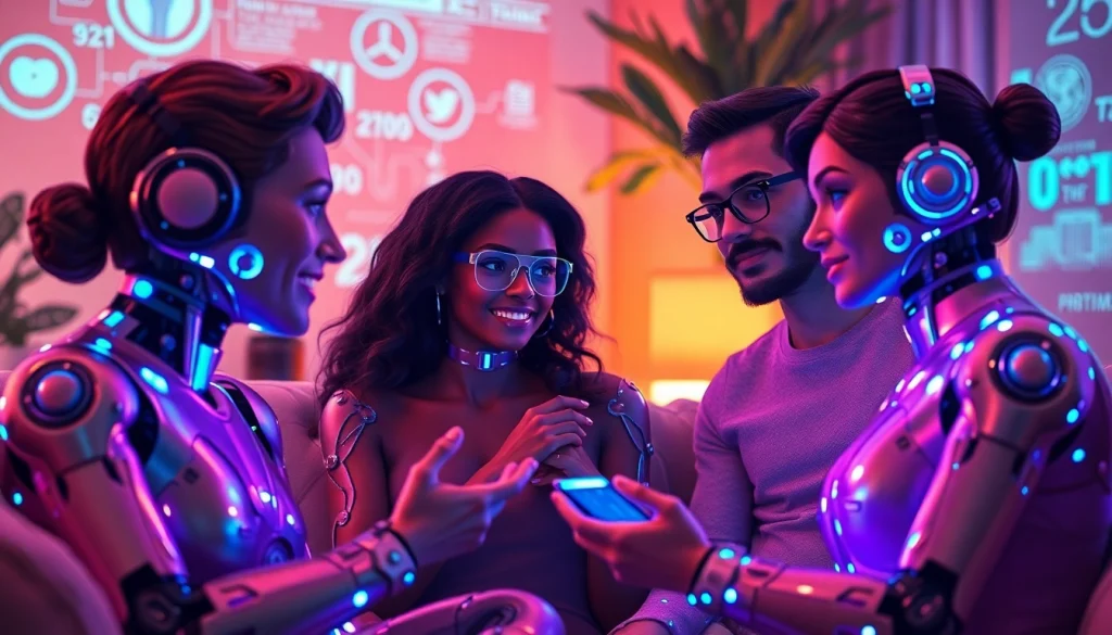 AI sex avatars interacting warmly in a digital setting, showcasing future relationship dynamics.