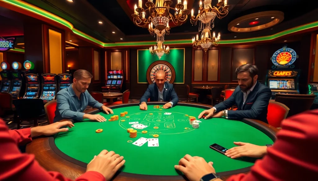 Experience luxury gambling at RR88 with poker tables and vibrant casino elements.