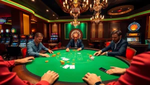 Experience luxury gambling at RR88 with poker tables and vibrant casino elements.