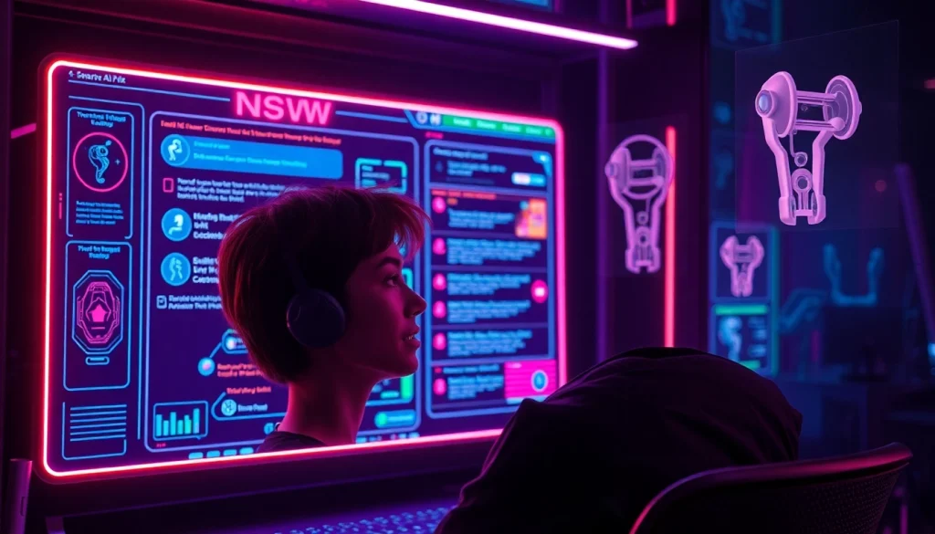 Engaging scene of a user interacting with an NSFW AI chatbot in a vibrant digital workspace.