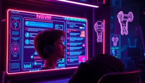 Engaging scene of a user interacting with an NSFW AI chatbot in a vibrant digital workspace.