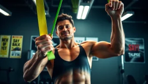 Active individual using stretch bands for pull-ups in a dynamic gym environment.