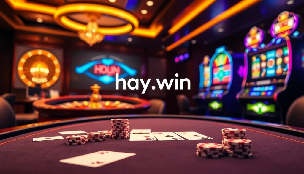 Engaging casino scene with the hay.win logo displayed on a modern poker table, showcasing vibrant gaming elements.
