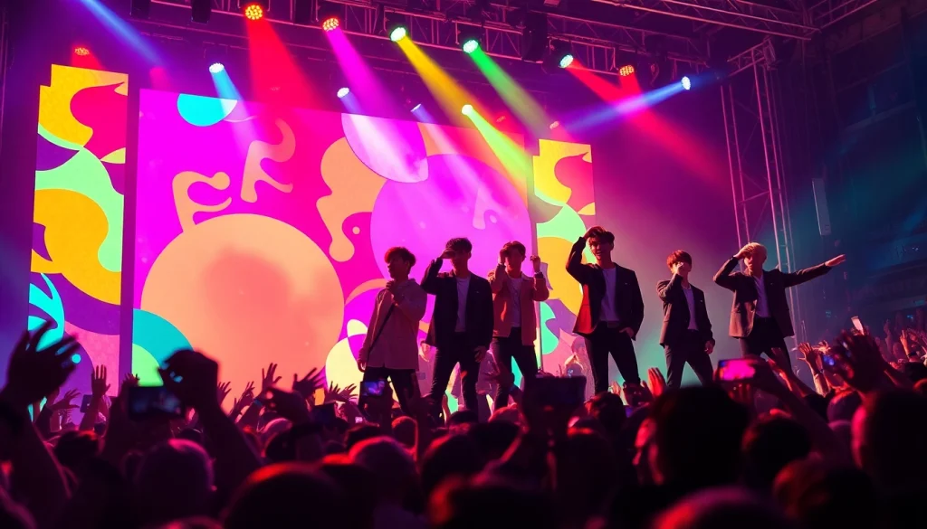 BTS news featuring the group performing energetically with vibrant lights and passionate fans at a concert.