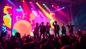 BTS news featuring the group performing energetically with vibrant lights and passionate fans at a concert.