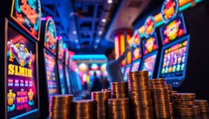 Memenangkan slot depo 1000 dengan mesin slot dan koin berjejer di kasino.