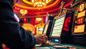 Experience the thrill of a mahjong slot demo with players at vibrant casino tables featuring exciting slot machines.