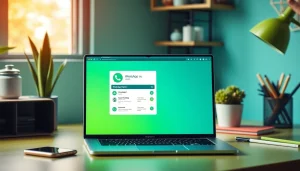 WhatsApp Web 界面在现代笔记本电脑上呈现，置于充满活力的数字工作空间。