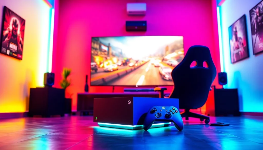 Showcasing Xbox Series X game reviews with a dynamic gaming setup featuring console and vibrant decor.