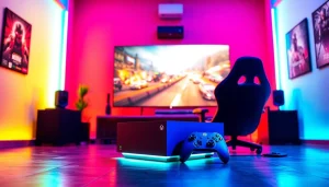 Showcasing Xbox Series X game reviews with a dynamic gaming setup featuring console and vibrant decor.
