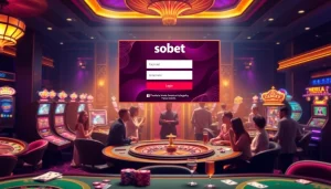 Sbobet login interface in a vibrant casino with slot machines and poker tables.