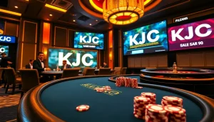 KJC casino scene with poker action and vibrant colors, showcasing luxury gaming elements.