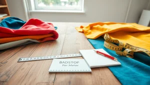 Meet badstof per meter met kleurrijke stoffen en meetaccessoires op een tafel.