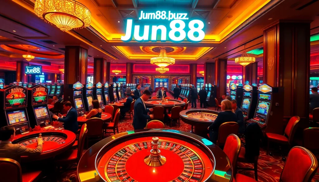 Experience thrill and excitement at the gaming floor of https://jun88.buzz/, featuring roulette tables and vibrant slot machines.