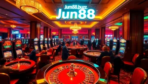 Experience thrill and excitement at the gaming floor of https://jun88.buzz/, featuring roulette tables and vibrant slot machines.