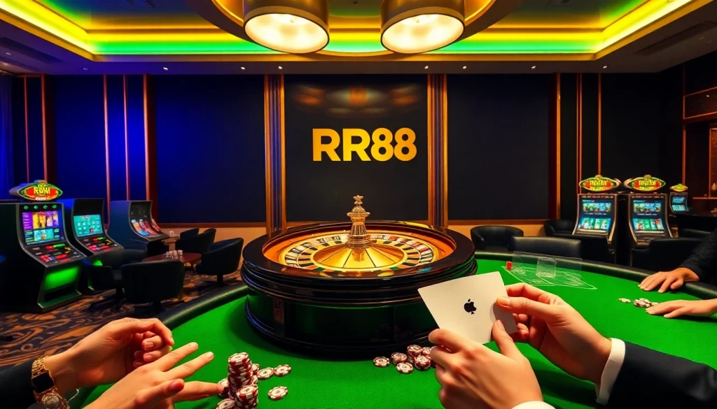 Engaging in a high-stakes poker game at RR88's luxurious casino.