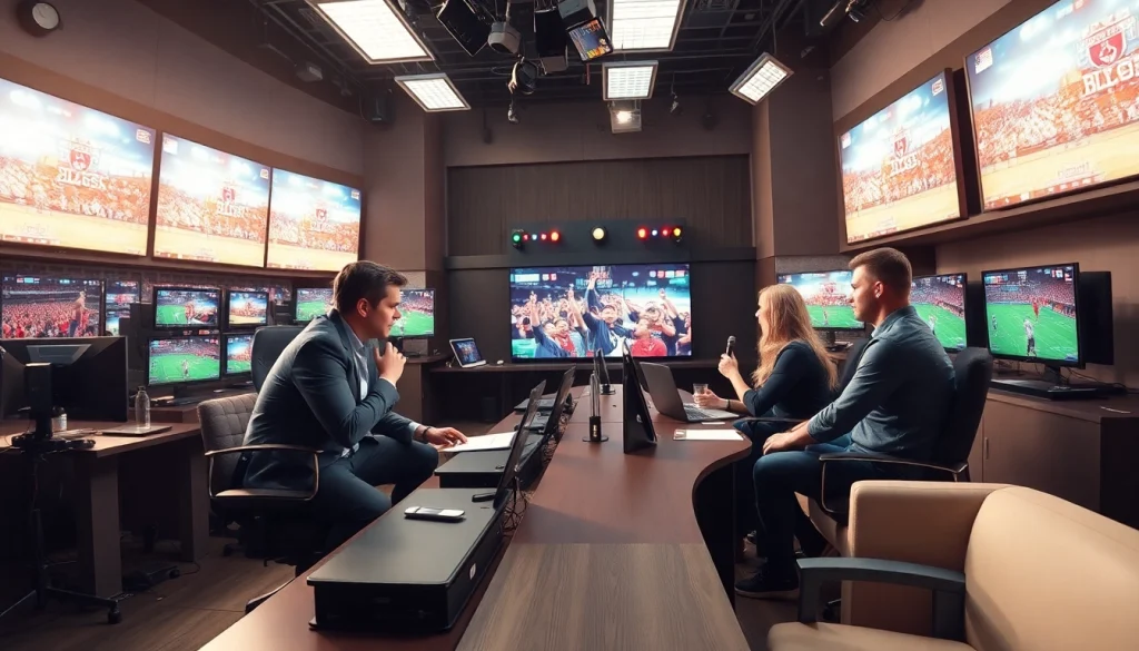 Dynamic hosts in a sports broadcasting studio showcasing live events and high-tech equipment.
