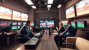 Dynamic hosts in a sports broadcasting studio showcasing live events and high-tech equipment.