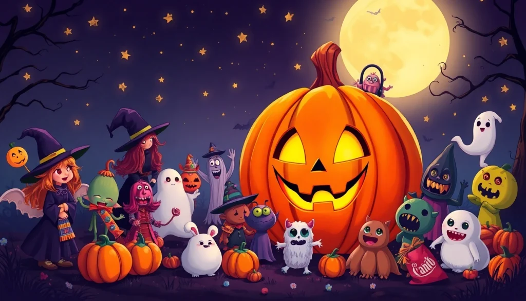 Characters in the google halloween game 2022 celebrating around a glowing pumpkin.