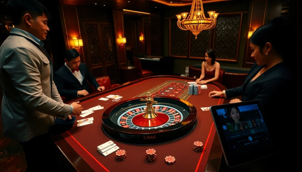 Exciting U888 cá cược scene with a luxurious casino atmosphere featuring players at a roulette table.