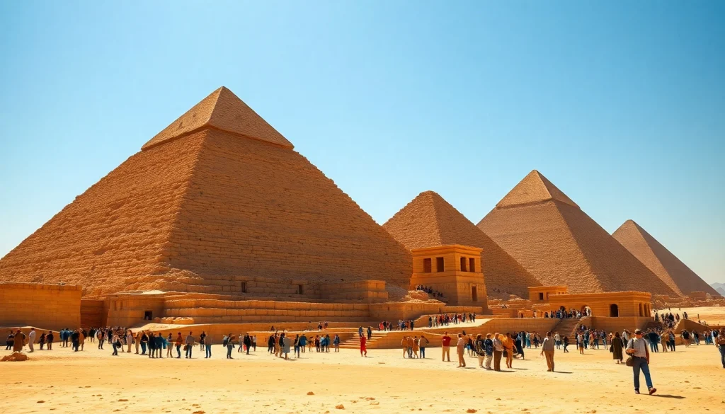 Piraminds towering against a stunning sunset, surrounded by visitors exploring Egypt's ancient history.