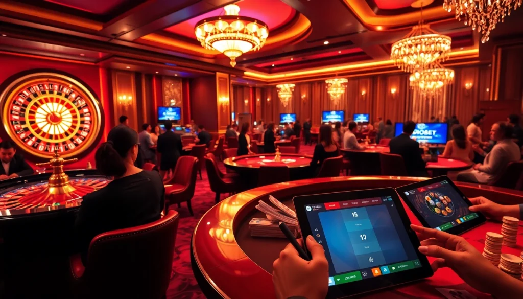Sbobet link alternatif displayed on a high-end casino tablet with poker chips and roulette wheel in the background.