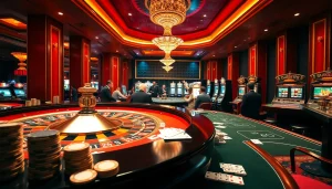Cette scène de casino vibrante capture l'excitation d'un casino fiable en ligne avec des tables engageantes pour la roulette et le poker.