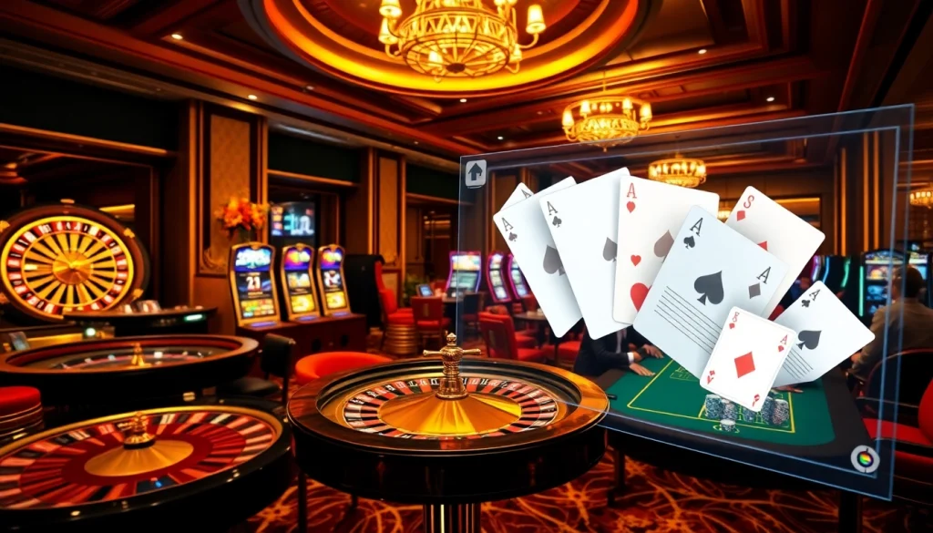 Un cadre vibrant et luxueux montrant un casino fiable en ligne avec des tables de poker et des roues de roulette.
