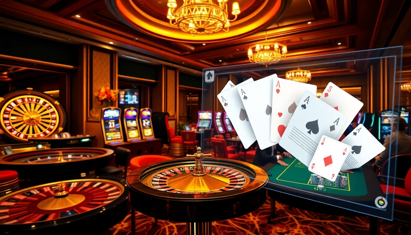 Un cadre vibrant et luxueux montrant un casino fiable en ligne avec des tables de poker et des roues de roulette.
