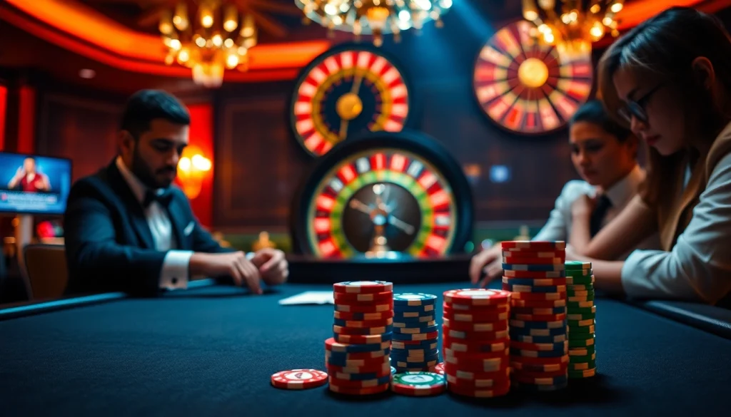 Scene de jeu de poker dynamique mettant en avant un casino fiable en ligne avec des joueurs, des jetons et une roulette.