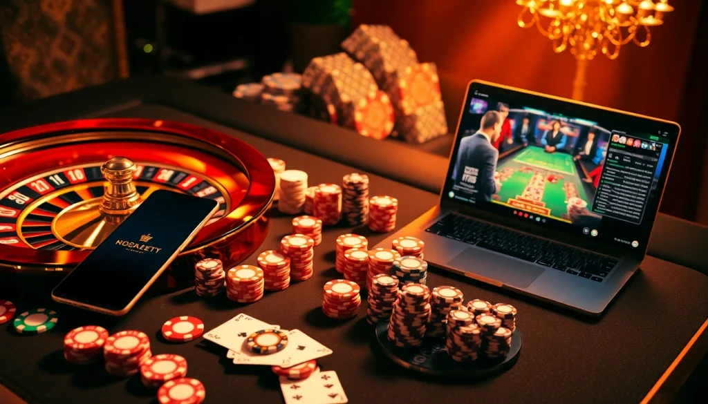 Vivez l'excitation d'un casino fiable en ligne avec des jetons de poker vibrants sur une table luxueuse et des interfaces de jeu mobile.
