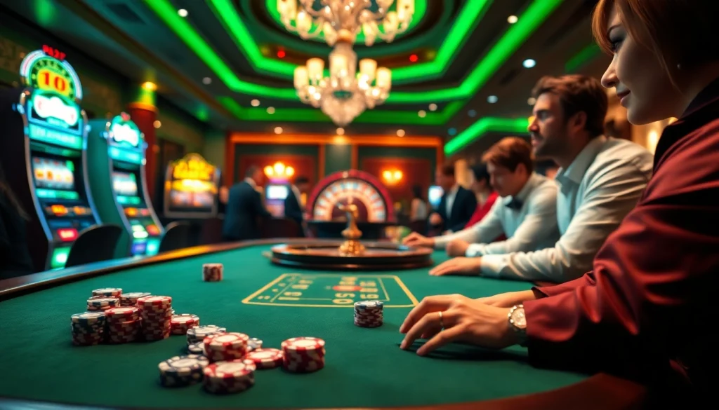 Cette scène vibrante d'un casino fiable en ligne présente une table de poker avec des joueurs et une roue de roulette, soulignant l'excitation.
