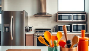 Showcasing home appliances in a modern kitchen setting with bright lighting and colorful utensils.