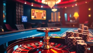 Découvrez une scène de jeu dynamique mettant en vedette un casino fiable en ligne avec des jetons de poker et des cartes.