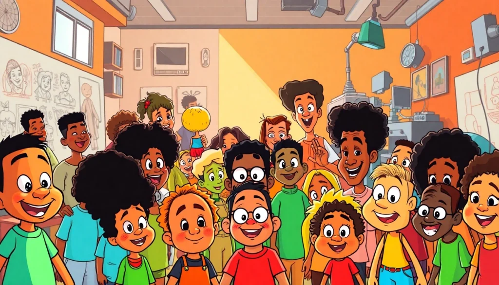 A scene showcasing African American Cartoons in an animation studio with diverse characters and vibrant colors.