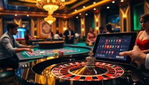 Scène excitante de casino en ligne argent réel France mettant en avant la roulette et des jeux à enjeux élevés.