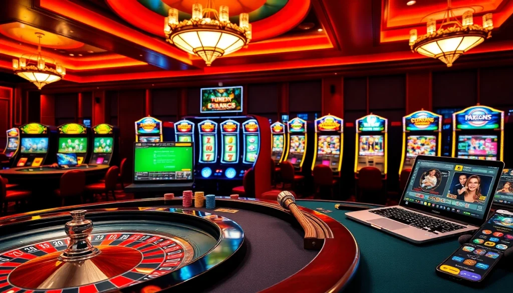 Une scène animée mettant en avant des jeux de casino et des interfaces de jeu en ligne, soulignant casino fiable en ligne.